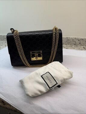 Gucci Black Embossed Leather Shoulder Bag with Gold Chain